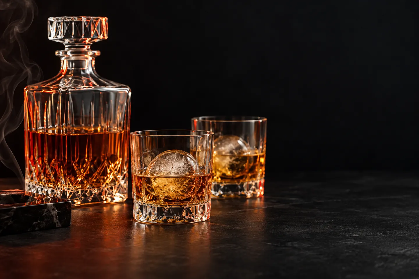 Crystal whisky decanter and two tumblers